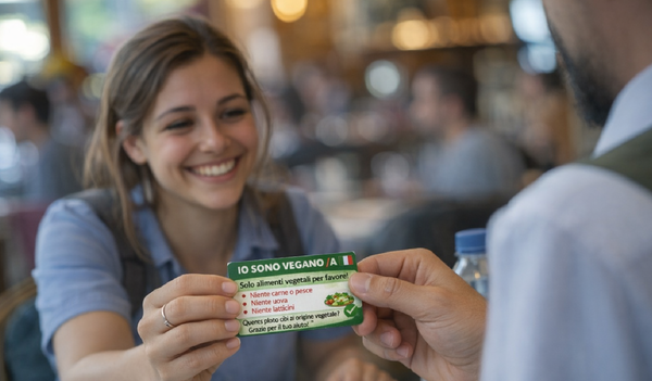 Vegan language card being shown to restaurant staff